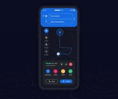 Smartphone map GPS navigation app dark mode ux ui concept, Mobile map application, App search map navigation, Technology map, City street navigation maps, gps tracking, App dark mode, Vector