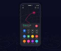 Smartphone map GPS navigation app dark mode ux ui concept, Mobile map application, App search map navigation, Technology map, City street navigation maps, gps tracking, App dark mode, Vector