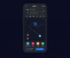 Smartphone map GPS navigation app dark mode ux ui concept, Mobile map application, App search map navigation, Technology map, City street navigation maps, gps tracking, App dark mode, Vector