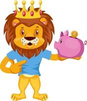 Lion with piggy bank, illustration, vector on white background.