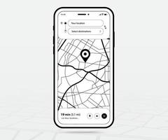 mapa gps navegación ux ui contorno, aplicación de mapa de smartphone y punto de destino en pantalla, navegación de mapas de búsqueda de aplicaciones, mapa de tecnología, mapas de navegación de la ciudad, icono de mapa, seguimiento, ubicación, vector