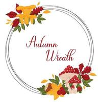 Autumn wreath with wild berries, mushrooms, fly agaric, and autumn leaves with space for text. Vector illustration isolated white background.