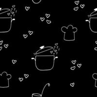 saucepan and steam with hearts, chefs hat, ladle seamless pattern hand drawn in doodle style. wallpaper, background, textile, wrapping paper. scandinavian, simple, minimalism, monochrome vector