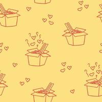 noodle in a box, chopsticks and steam with hearts seamless pattern hand drawn in doodle style. wallpaper, background, textile, wrapping paper. scandinavian, simple, minimalism, monochrome vector