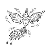 Hand drawn magic bird and feathers. Mystic character. Vector isolated on a white background.