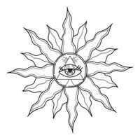 Sun with eye. Bohemian hand drawing, esoteric sketch, engraving stylization. Design for tattoo, astrology, stickers, tarot. Vector illustration isolated on white background.