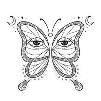 Hand drawn butterfly with eye on wings. Abstract mystic sign. Black linear shape. For design, tattoo or magic craft. Vector illustration isolated on white background.