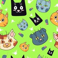 patrones sin fisuras con gatos graciosos. estilo de dibujos animados vector sobre fondo verde.