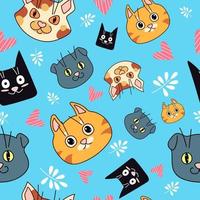 Seamless pattern with funny cats. Cartoon style. Vector on a blue background.