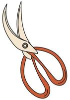 Large curved scissors with a red handle. Vector illustration isolated on white background.