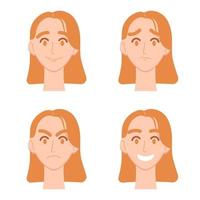 Set of woman's emotions. Facial expression. Woman head. Girl with red hair avatar. Vector illustration of a flat design isolated on white background.