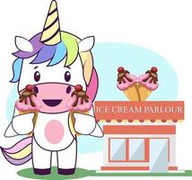 Unicornio con helado, ilustración, vector sobre fondo blanco.