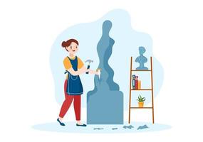 a Sculptor is Carving Sculpture to Form a Work and Will be on Display in the Museum on Flat Cartoon Hand Drawn Templates Illustration vector