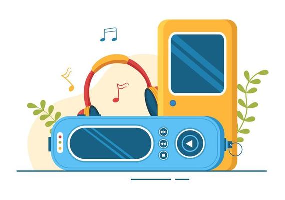 MP3 Player with Headphones, Headset and Phone of Music Listening Devices in Mobile App on Flat Cartoon Hand Drawn Templates Illustration
