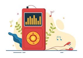 reproductor de mp3 con auriculares, auriculares y teléfono de dispositivos para escuchar música en la aplicación móvil en la ilustración de plantillas dibujadas a mano de dibujos animados planos vector