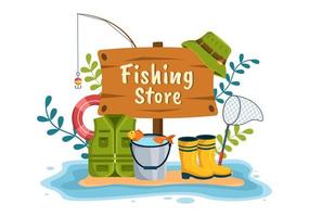 tienda de pesca que vende varios equipos de pesca, cebos, accesorios para la captura de peces o artículos en dibujos animados planos dibujados a mano ilustración de plantillas vector