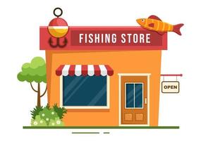 Fishing Shop Selling Various Fishery Equipment, Bait, Fish Catching Accessories or Items on Flat Cartoon Hand Drawn Templates Illustration vector