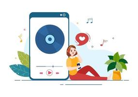 reproductor de mp3 con auriculares, auriculares y teléfono de dispositivos para escuchar música en la aplicación móvil en la ilustración de plantillas dibujadas a mano de dibujos animados planos vector