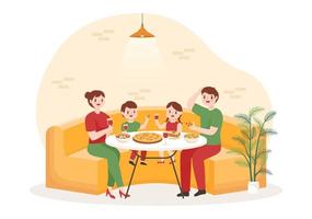 restaurante de comida italiana con familia y niños comiendo platos tradicionales de italia pizza o pasta en ilustración de plantilla de dibujos animados dibujados a mano vector