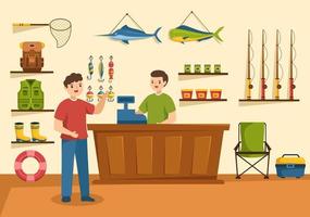 Fishing Shop Selling Various Fishery Equipment, Bait, Fish Catching Accessories or Items on Flat Cartoon Hand Drawn Templates Illustration vector