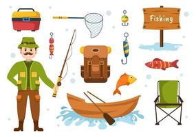 Fishing Shop Selling Various Fishery Equipment, Bait, Fish Catching Accessories or Items on Flat Cartoon Hand Drawn Templates Illustration vector