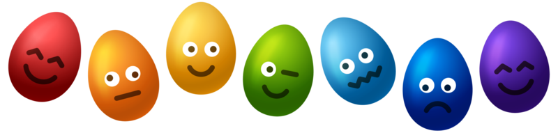 Set of falling rainbow easter eggs with emojis. Realistic 3d egg character png