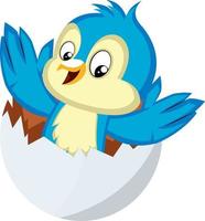 Blue bird is coming out from an egg, illustration, vector on white background.