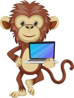 Monkey with lap top, illustration, vector on white background.