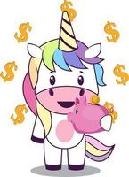 Unicornio con dinero, ilustración, vector sobre fondo blanco.