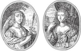 Portraits of Louise van Solms and an unknown high-ranking woman, vintage illustration. vector