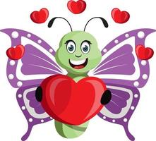 Butterfly with big heart, illustration, vector on white background.