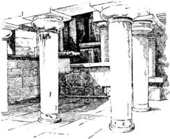 Cretan Palace,  colonnaded hall, vintage engraving. vector