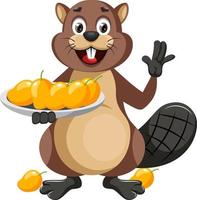 Beaver with mangos, illustration, vector on white background.