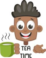 Boy with hot tea, illustration, vector on white background.