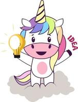 Unicorn with lightbulb, illustration, vector on white background.