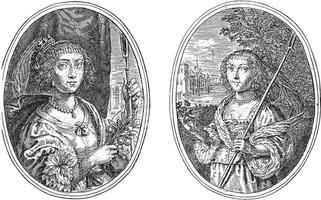 Portraits of Amalia van Solms and Maria Henrietta Stuart, vintage illustration. vector