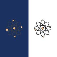 átomo química molécula laboratorio iconos plano y línea llena conjunto de iconos vector fondo azul