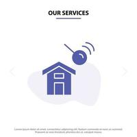 Our Services City Construction House Search Solid Glyph Icon Web card Template vector