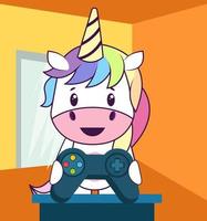 Unicorn with gamepad, illustration, vector on white background.