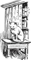 A cat sitting on an end table by a bookshelf, vintage illustration vector