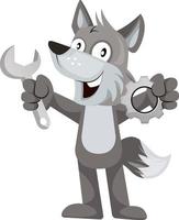 Wolf with wrench, illustration, vector on white background.