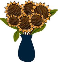 Sunflowers in vase, illustration, vector on white background.