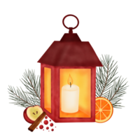 lanterne de noël avec orange, pomme, cannelle, branches de pin et baies. png