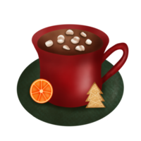 chocolate caliente en un plato verde. ilustración de bebidas elemento navideño. png
