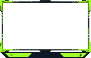 Live gaming overlay image with buttons and screen panels for online gamers. Gaming screen overlay decoration with futuristic shapes. Live streaming overlay PNG with green and dark colors.