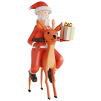 3d illustratie de kerstman rijden een hert en geschenk doos png