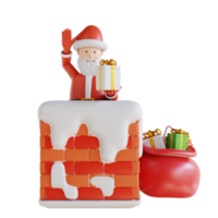 3d illustration santa santa ger en gåva låda i de skorsten png