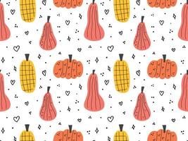 seamless pattern background with hand drawn pumpkin doodle set. Different pumkin gourd decorated with lines, dots, hearts scribble. Simple autumn fall design. Thanksgiving, Halloween children vector