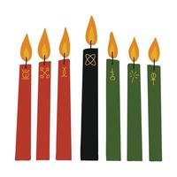 Kwanzaa clip art - kinara candles - red, black, green with hand drawn symbols of seven principles of Kwanzaa. Cute simple clipart for African American heritage celebration winter holiday. vector