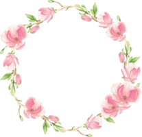 watercolor pink blooming magnolia flower and branch wreath frame png